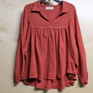 Pants Store Rust Color Oversized Long Sleeve Flowy Gauze Top Women's Sz Sm